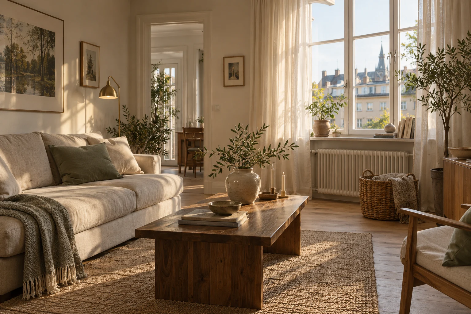 Illustratives Wohnzimmer mit Leinensofa, Holztisch und warmem Tageslicht